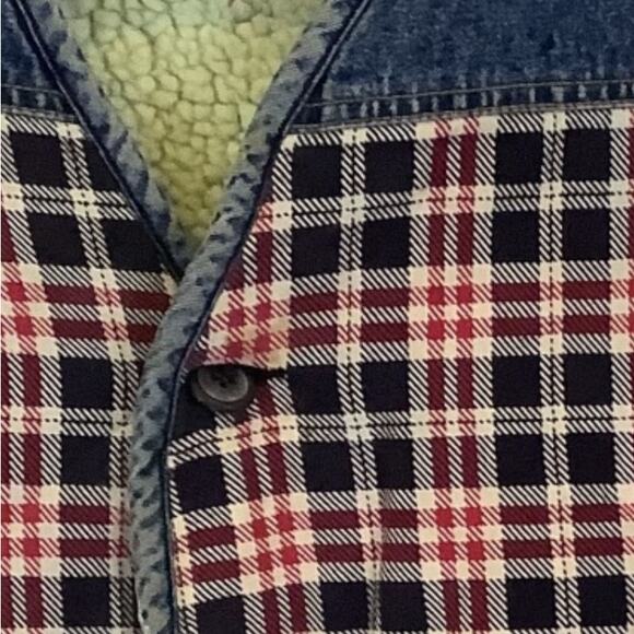Vintage Tommy Jeans Sherpa Denim Vest Patchwork Plaid Big Logo Size Large - Picture 4 of 10
